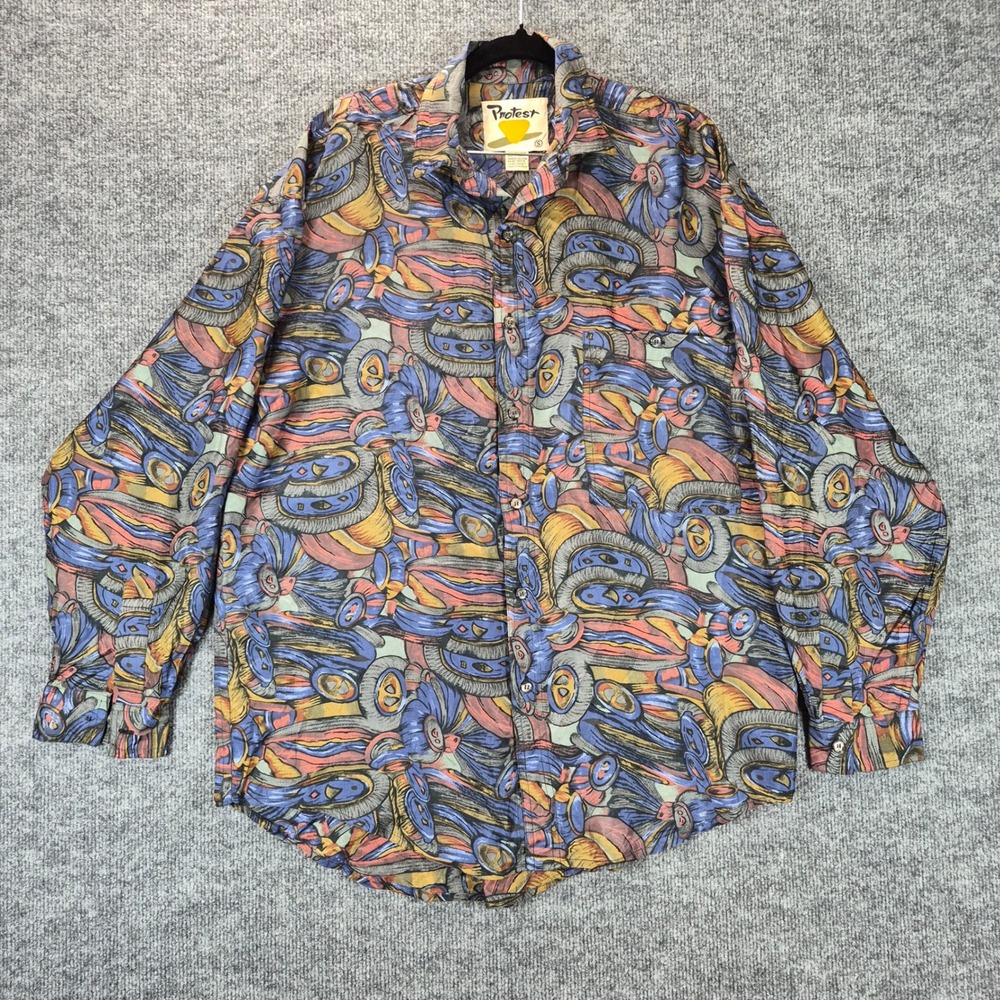 Protest Button Up Shirt Abstract Silk Small Multicolor Mens